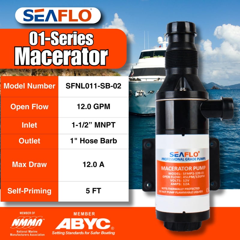 SEAFLO 01 Series Macerator Pump - 12V, 12 GPM (45 LPM) Open Flow, Self-Priming, Anti-Clog, Run-Dry, Heavy-Duty for RV, Boats, Yachts, Camper, & Marine, CE & Rohs Certified, 4-Year Warranty - Image 2